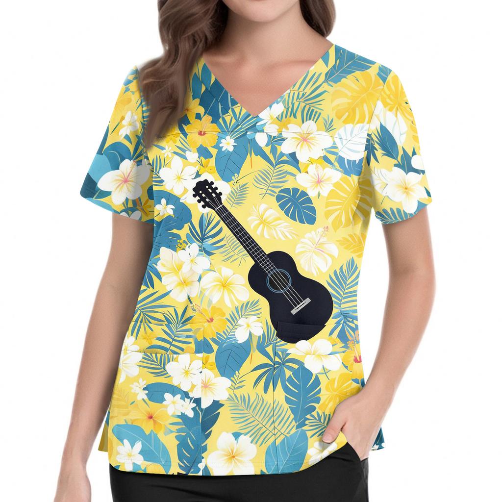 Women's V Neck Medical Scrub Top Hawaiian Print Short Sleeve Side Slit Pockets Nurse Uniform Shirt Lightweight Breathable Fabric