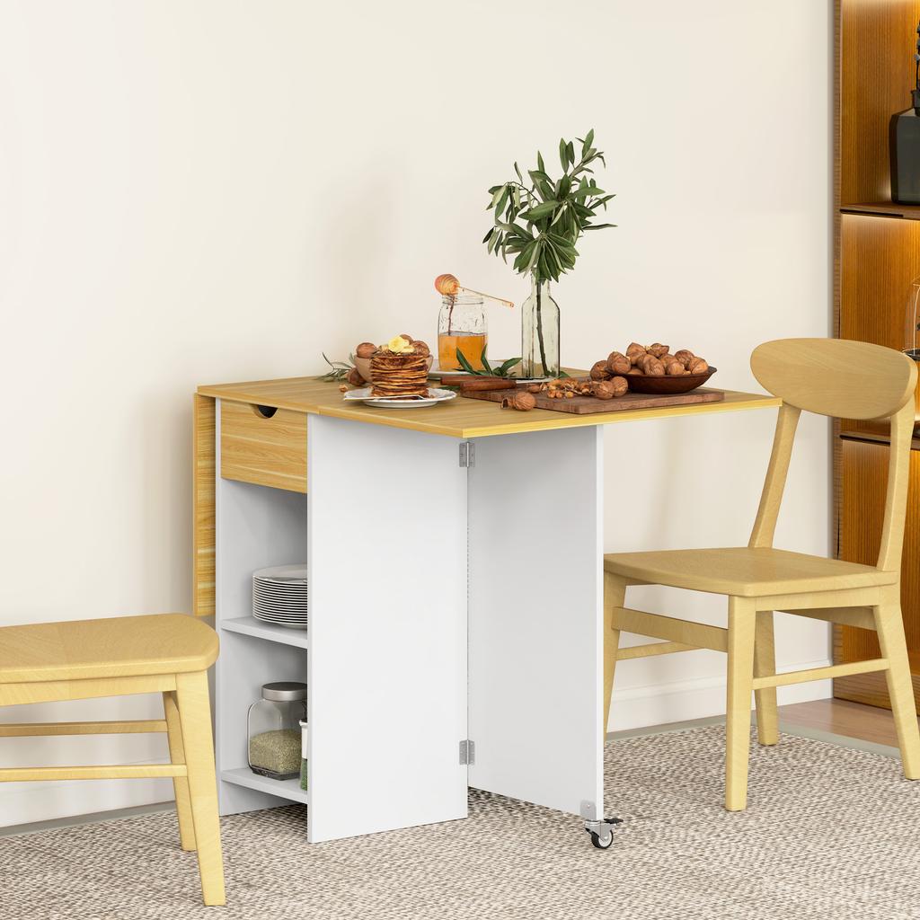 Tavolo da Pranzo Pieghevole per 2-4 Persone con 2 Allunghe Ribaltabili, Cassetto e Ripiani, Rovere