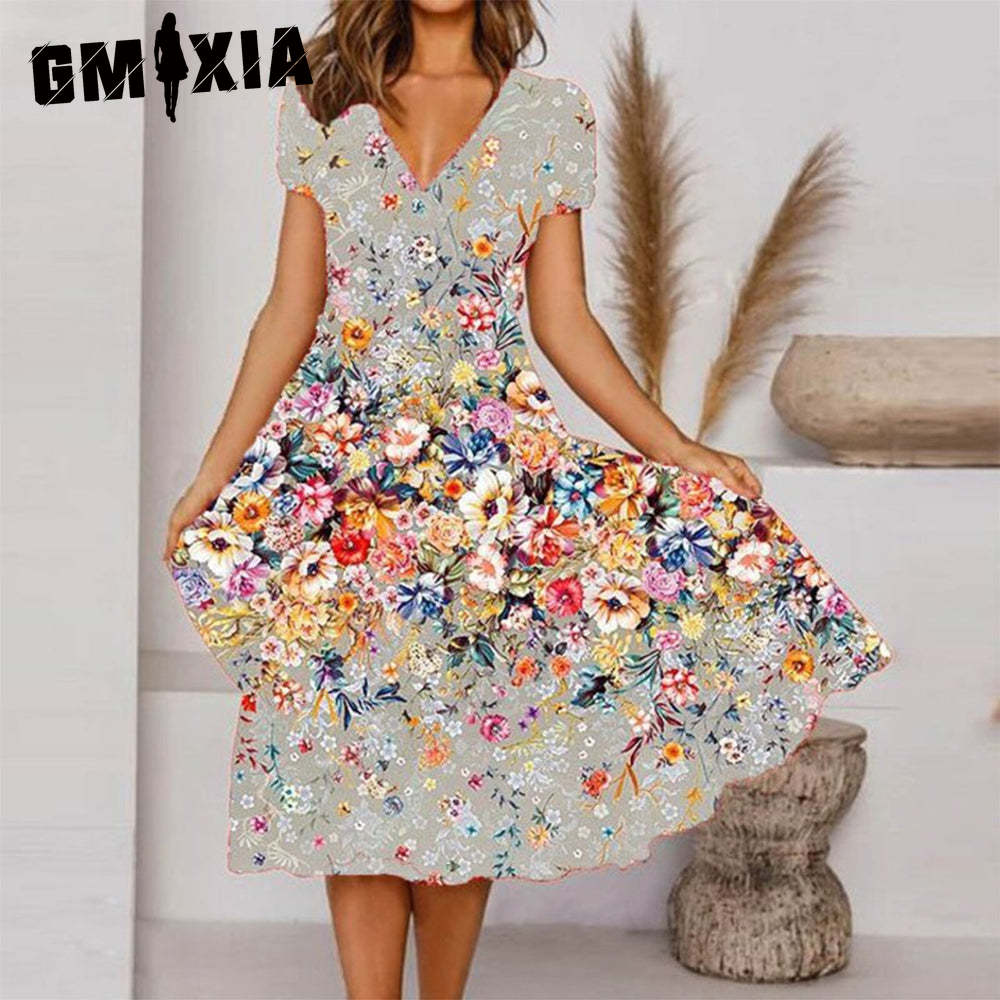 GMXIA Plus Size V Neck Midi Dress Short Sleeve High Hem Casual Colorful Floral Print Dress