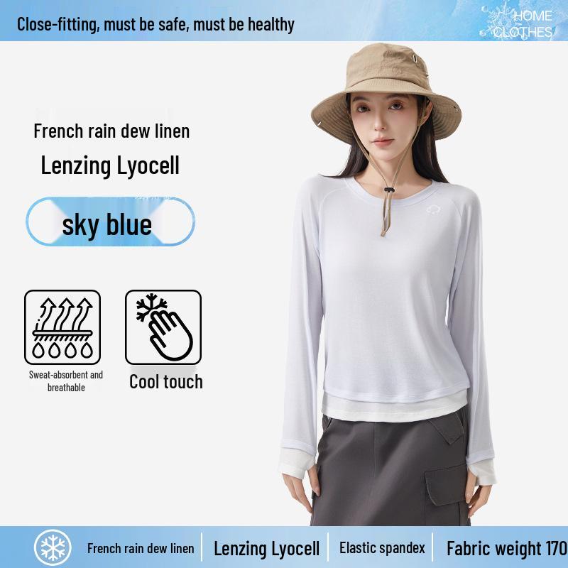 Dámské průsvitné tričko s dlouhým rukávem z lyocellu a lnu slim-fit s designem falešného dvoudílného vzhledu