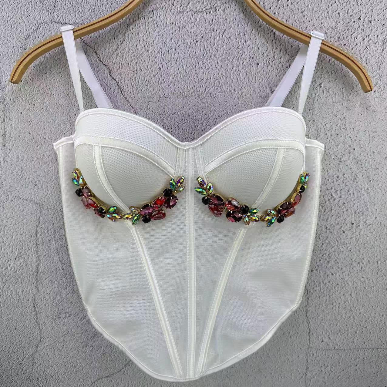 

French Fishbone Chest with Diamond-studded Chain Lingerie-style Tank Top for Women Innerwear Outerwear Mesh Waistband Strapless Tank Top Tank Tops 34/75 білий