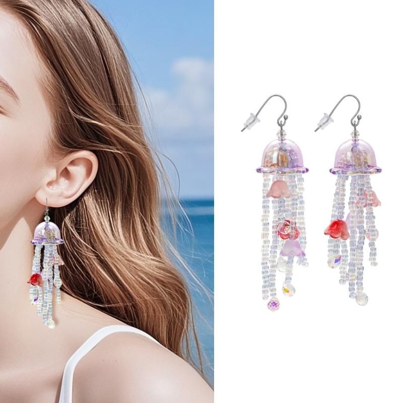 Handmade Jellyfish Dangle Earrings With Flowing Tassels Portable Accessory for Fashionable Ocean Lovers Outfits