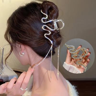 Haarklammern für Damen, Schlangenklammern aus Metall in Silber und Gold für dickes Haar, Haarklammern mit Strasssteinen und glitzernder Quaste, Haar-Accessoires für Damen