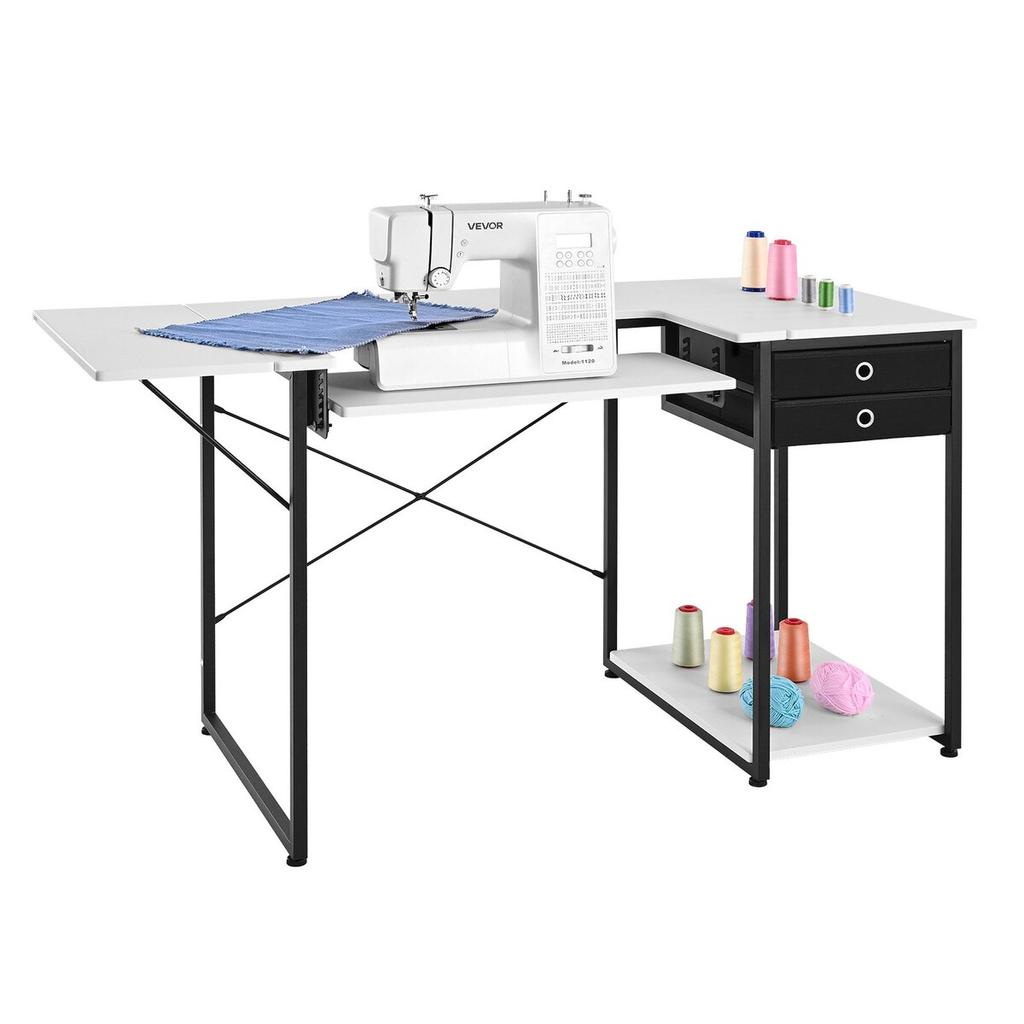Sewing Table, Multipurpose Sewing Machine Table with Drawers, Foldable Side Shelf, Adjustable Shelf, Steel Legs, Computer Desk for Home, Fashion
