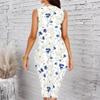 Women Plus Size Sleeveless Round Neck Midi Bodycon Dress White Base Red Rose Floral Print Slim Fitted Dress