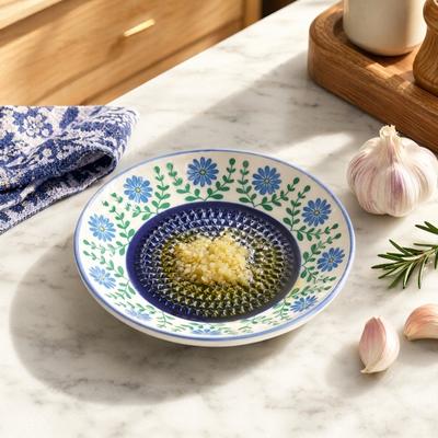 Garlic Grater Plate, Ceramic Grinding Bowl, Multi-Functional Garlic Sauce Stirring Serving Dish for Grating Ginger Turmeric Cheese Tomato Herb,