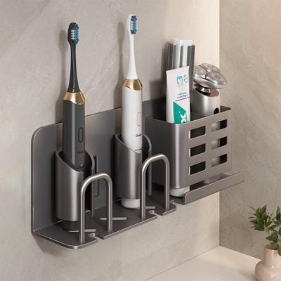 Toothbrush Holder Wall Mounted Self Adhesive Bathroom Toothpaste Cup Electric Shaver Storage Rack Aluminum Alloy Holder