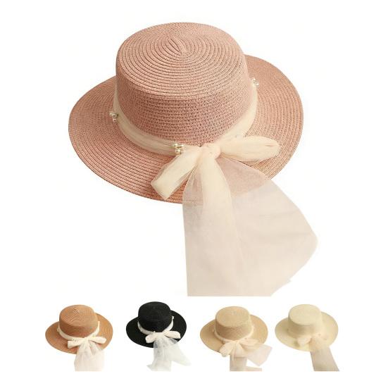 Beach Straw Hat Flat Top Wide Brim Sun Protection Hat with Tulle Bow Imitation Pearls Decor Hand-Woven Breathable Summer Hat