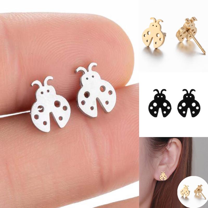 Korean Cute Temperament Stainless Steel Ladybug Stud Earrings for Women