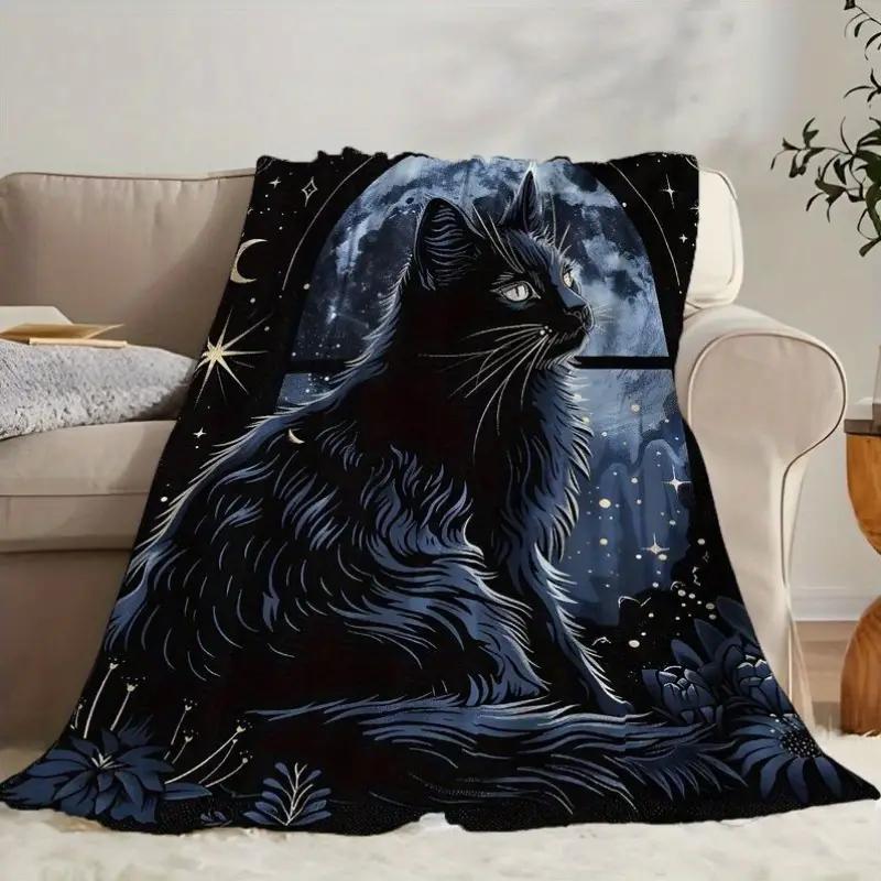 Cat Starry Sky Design Flannel Blanket - Suitable for Sofa, Travel, Bed, Camping, Office, Decoration, Multipurpose - Christmas