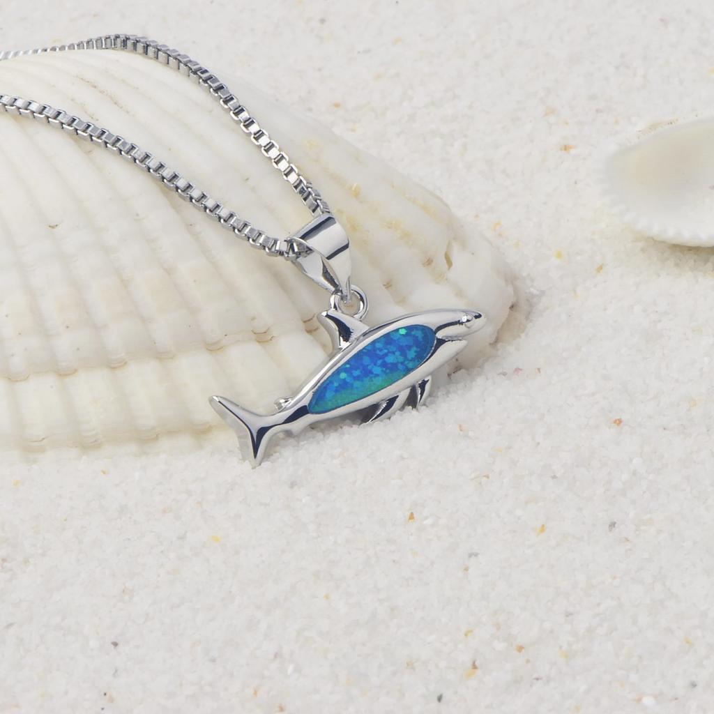 Dainty Blue Opal Shark Pendant Necklace with Sweater Chain