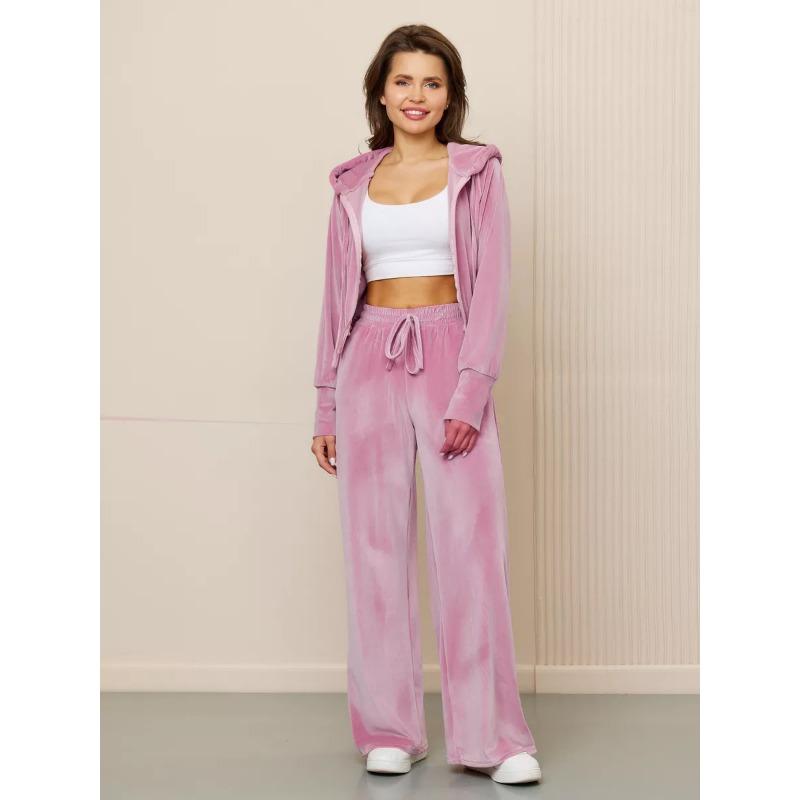Women Casual Solid Color Zip Up Hooded Sweatshirt Wide Leg Pants Two Piece Set