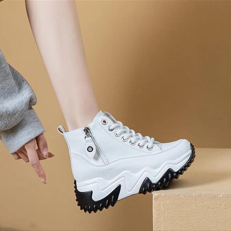 Autumn and winter new thick-soled cm height-increasing casual women's cotton shoes trendy short boots lace-up zipper high-top women's shoes