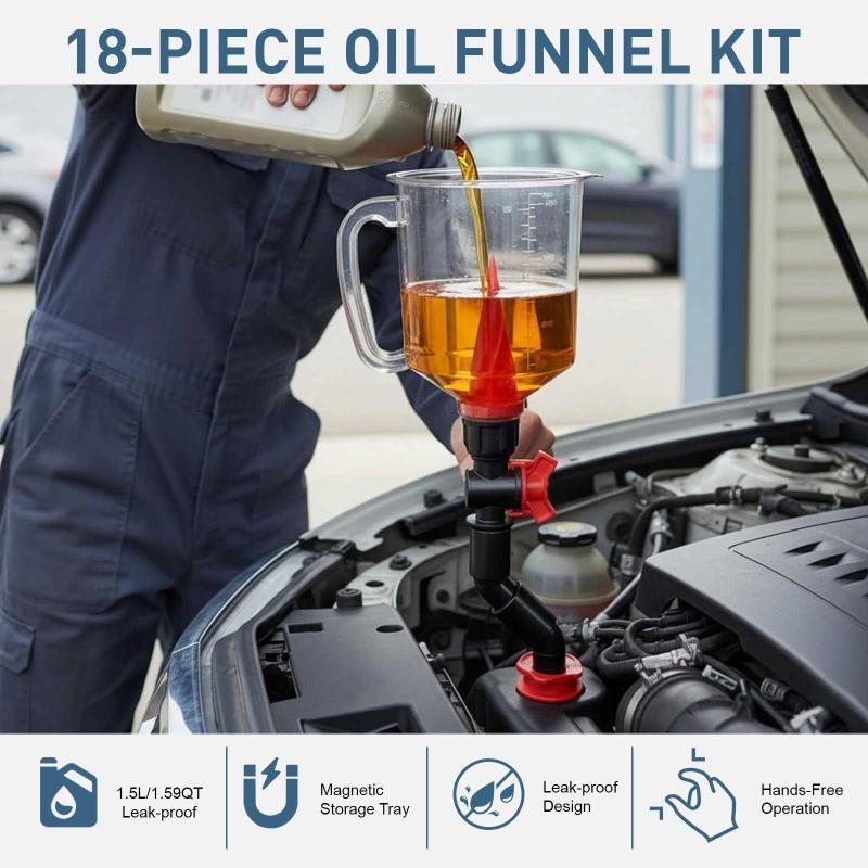 18-in-1 Spill-Proof Universal Auto Engine Oil Funnel Kit 12 Adapters Included for Most Vehicles Garage Use