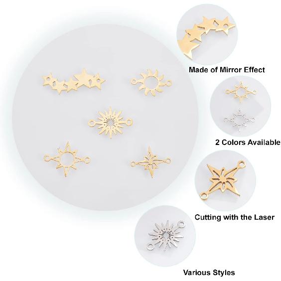 DICOSMETIC 20Pcs 5 Styles Star Link Charms Stainless Steel Link Pendnats Golden Hollow Sun Link Connector with Double Loops for DIY Jewelry Making,