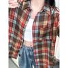 2025 Spring and Autumn New Shirt for Women Korean Version Retro Hong Kong Style POLO Collar Student Plaid Loose Jacket Shirt for Women