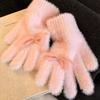 Korean Cute Blue Bow Knit Plush Gloves Women Winter Thick Fleece Warm Cold Proof Finger Gloves Fluffy Soft Comfortable Windproof