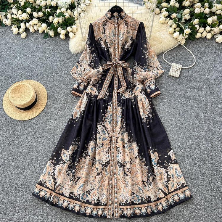 Elegant Vintage Palace Evening Dress Women Long Party Dress Spring France Print Sashes Tying Luxury Festival Clothing New Female