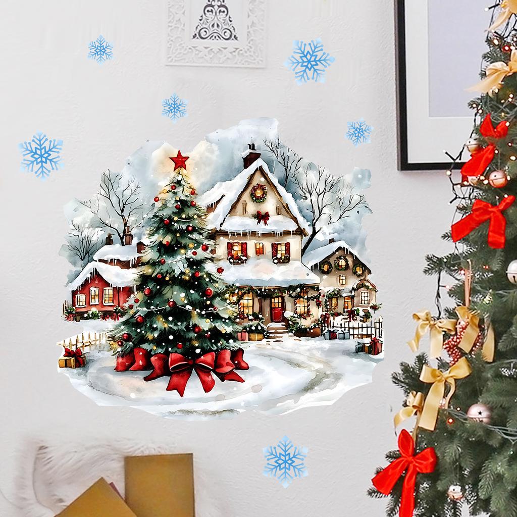 Watercolor Santa Claus Snow Scene Cottage Wall Sticker for Bedroom Entrance, Study Wall Decoration