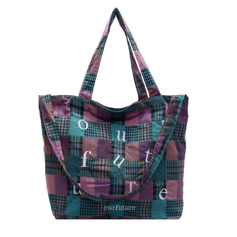 Plaid Canvas Bag Women's New Summer Lazy Wind Crossbody Shoulder Bag Large Capacity Commuter Tote Bag