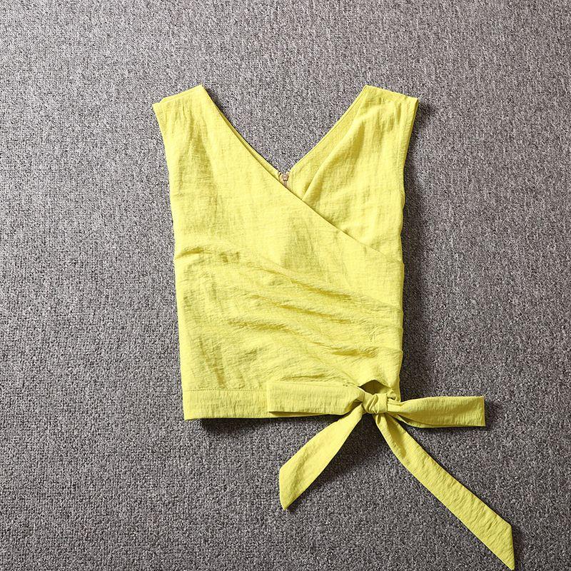 

Новинка Лето 2025 Элегантные Европейские Товары Короткая Футболка Женская Модный Дизайн Особого Интереса V-образный Вырез Шикарные Топы Fluorescent yellow M