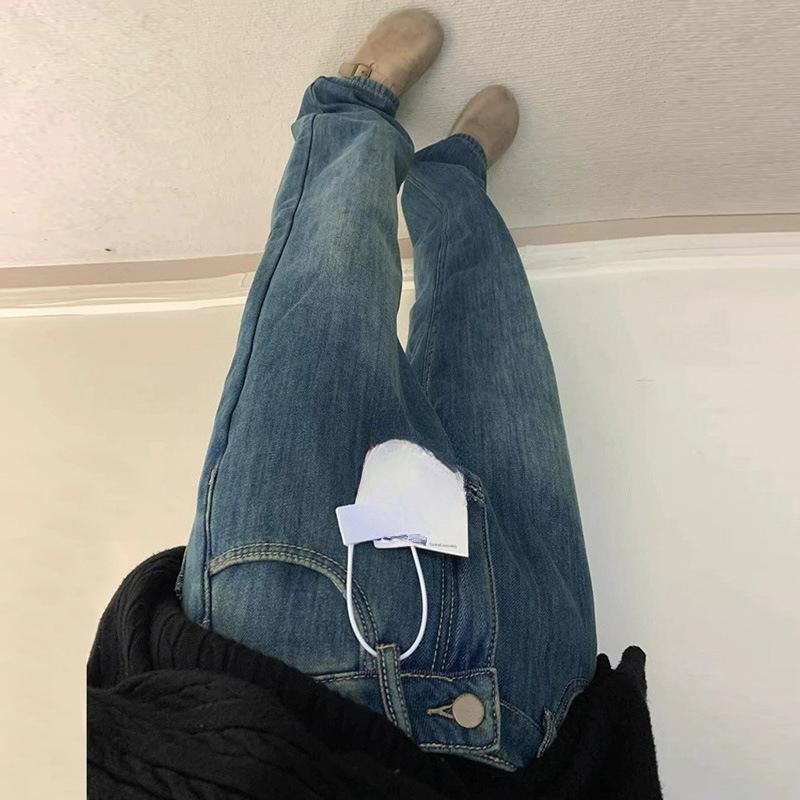 Mopping Retro Autumn and Winter Nostalgic Loose Jeans Women's Warm and Thick All-match Wide-leg Straight Plus Velvet Long Pants