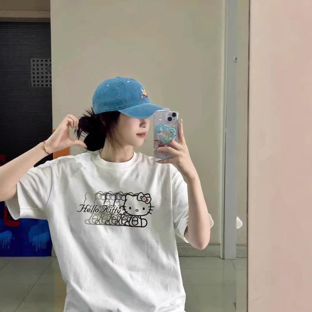 Cotton Kitty Cat White Short-sleeved T-shirt Women's Summer American High Street Design Sense Niche Half-sleeved Loose Top