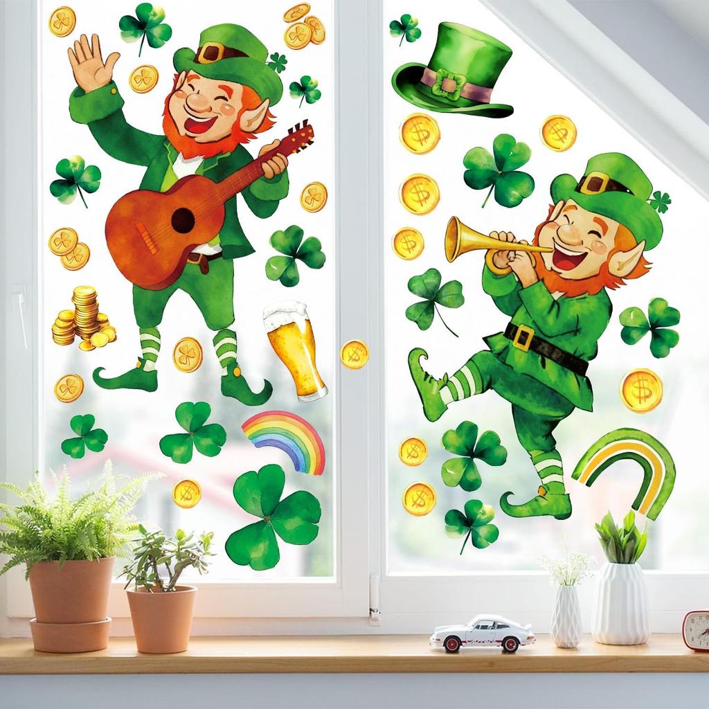 119PCS St Patricks Day Window Clings,Reble St Patricks Day Decorations,Double Sided Green Shamrock Window Clings,Irish Static Saint Patrick's