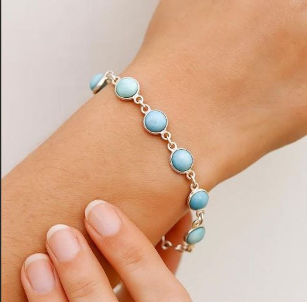 Natürlicher Larimar Runder Edelstein Handgefertigtes Tennisarmband Charm Schmuck, 925 Sterlingsilber Unisex Armband