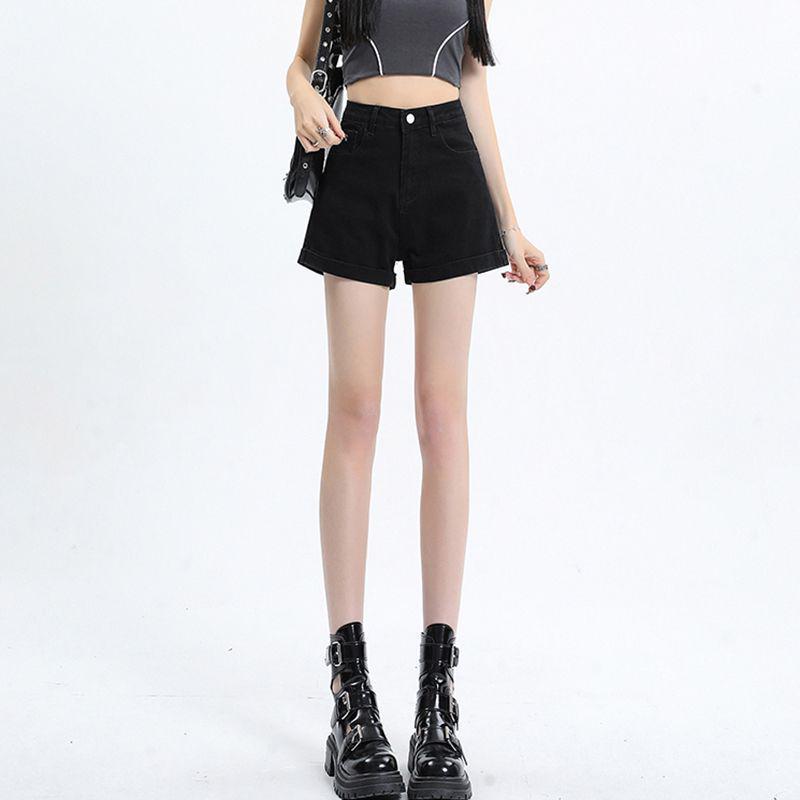 2025 Spring/Summer Women's High-Waisted A-Line Black Denim Shorts: Loose, Slimming, Wide-Leg, Rolled Hem Style