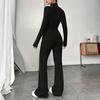 2Pcs/Set Women Solid Color Knitting Outfit Turtleneck Long Sleeve Cropped Tops High Waist