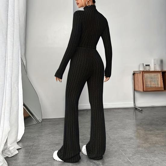 2Pcs/Set Women Solid Color Knitting Outfit Turtleneck Long Sleeve Cropped Tops High Waist
