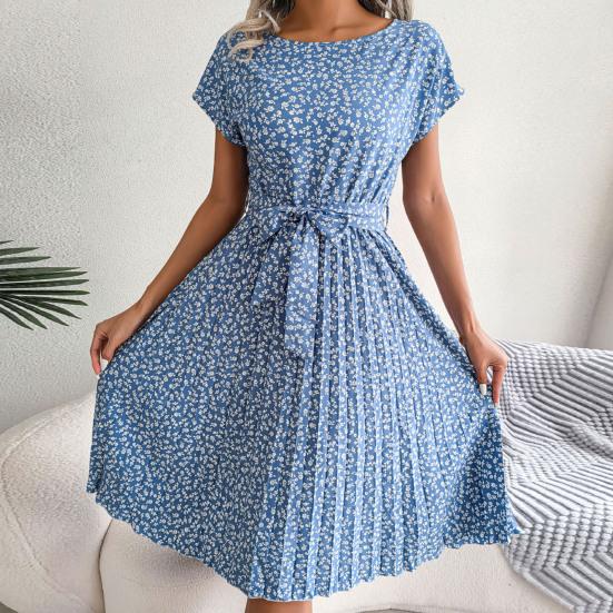 O-Neck Short Sleeve High-Waist Lace-Up Midi Dress Simple Floral Print Pleated Hem