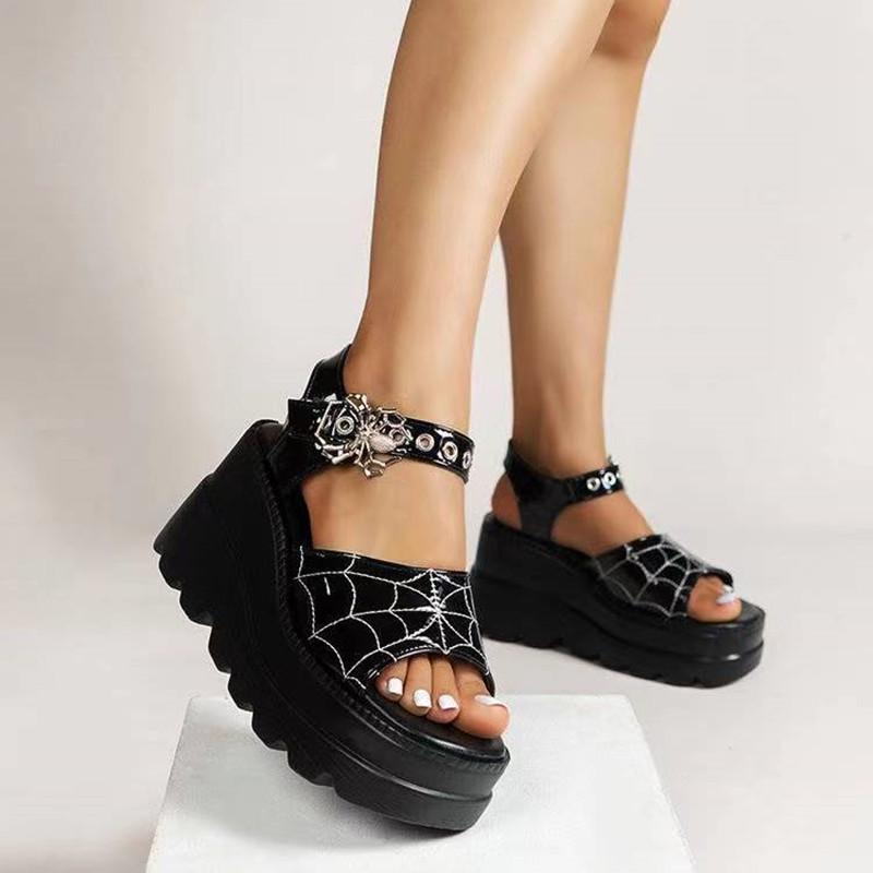 2024 Summer Gothic Platform Sandals: Punk Style, 9cm Heel, Spiderweb Embroidery, Spider Buckle Women's Shoes