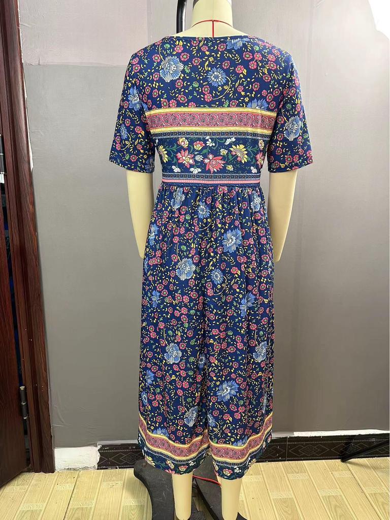 2024 Summer Bohemian Print Women's Maxi Dress with Round Neck and Short Sleeves