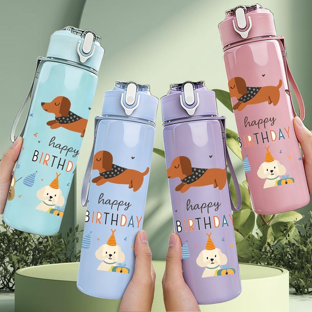 1PC Happy Birthday Dachshund Art 750ml Color Plastic Sports Water Bottle Leakproof Flip Straw Lid Suitable for Sports Office Home Use