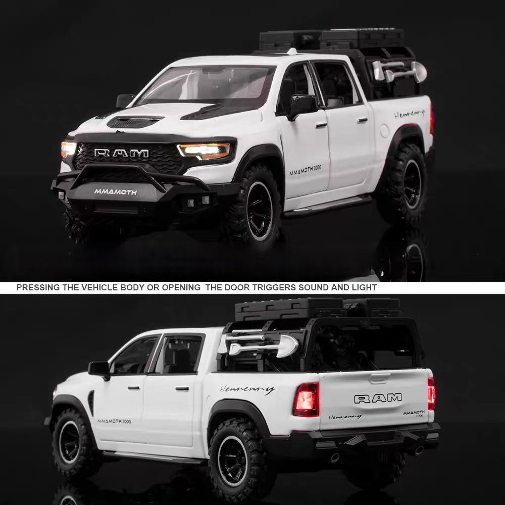 Dodge Hennessey Mammoth 1000 TRX Off-Road Pickup Truck Simulation Diecast & Toy Vehicles Sounds & Light Pull Back Car 1:32 Alloy Model