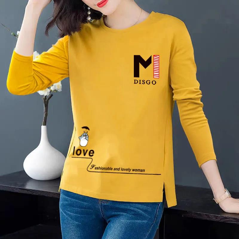 M Print Pullover Spring Women T-Shirt Long Sleeve Bottoming Shirt Casual Split Top