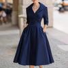 Women Elegant Formal Midi Dress, Lapel Collar 3/4 Sleeve Wrap V‑Neck Dress, High Waist Pleated A‑Line Swing Dress With Pockets For Wedding Guest Party