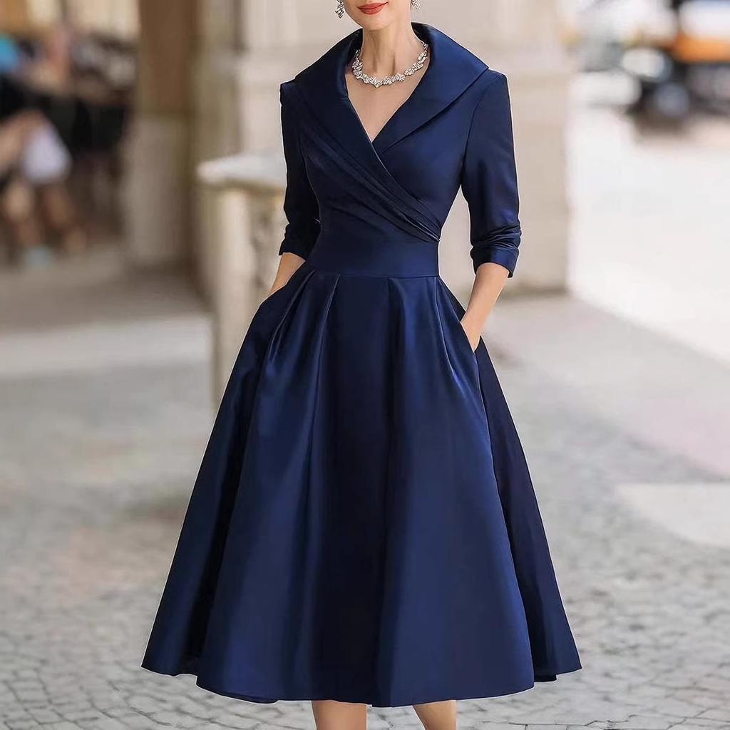 Women Elegant Formal Midi Dress, Lapel Collar 3/4 Sleeve Wrap V‑Neck Dress, High Waist Pleated A‑Line Swing Dress With Pockets For Wedding Guest Party