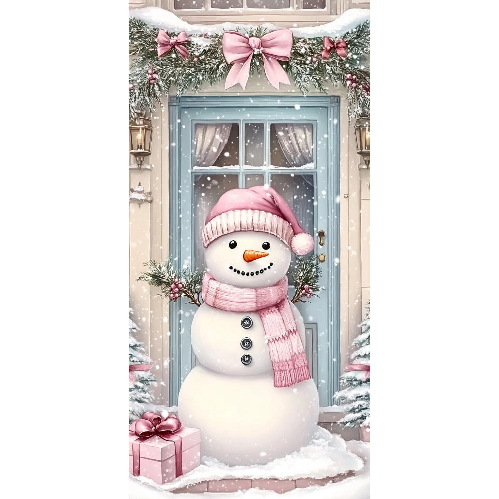 Pink Snowman Linings For Christmas Doors Xmas Door Cover Outdoor Garden Front Door Decoration New Year 2025 Xmas Party Supplies