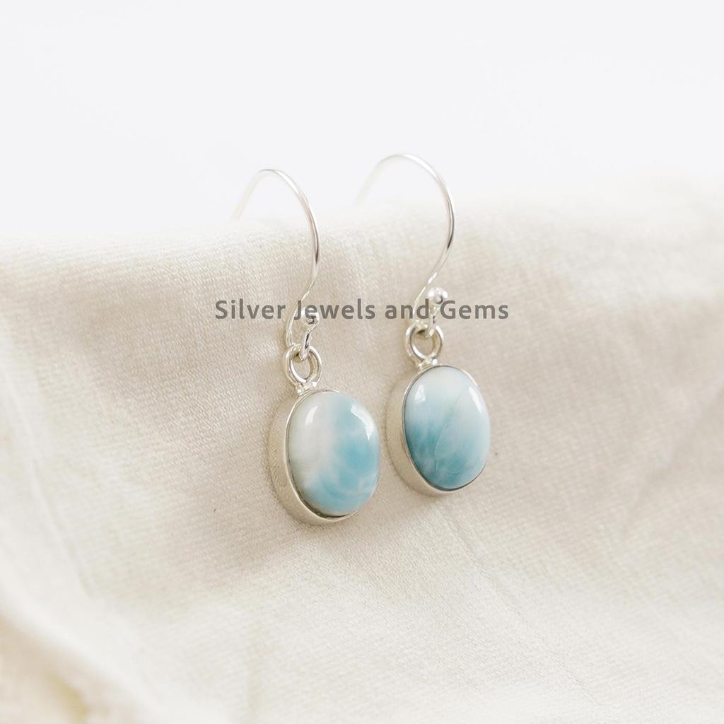 Natural Oval Larimar Earrings, 925 Sterling Silver, Dainty Earring