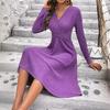 Women's Solid Color Long-sleeved V-neck Knee-length Dress