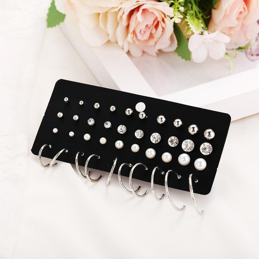 32 Pairs Vintage Silver Color Earrings Set Geometry Pearl Zircon Heart Ear Studs For Women Girls 2024 New Trendy Simple Jewelry