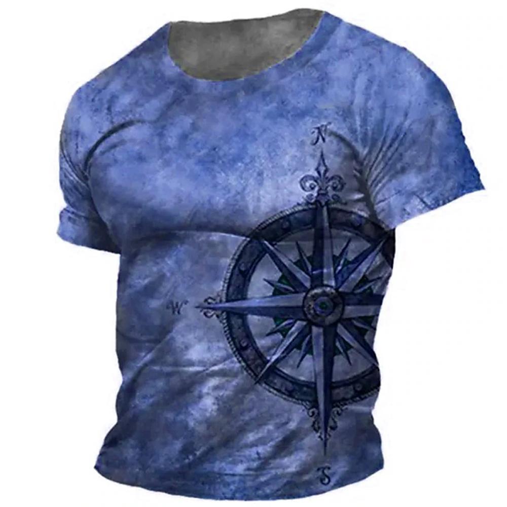 Summer Vintage Compass Graphic Men's T-shirts Breathable Crew Neck Short Sleeve Loose Tops Outdoor Daily Unisex Clothing Apparel