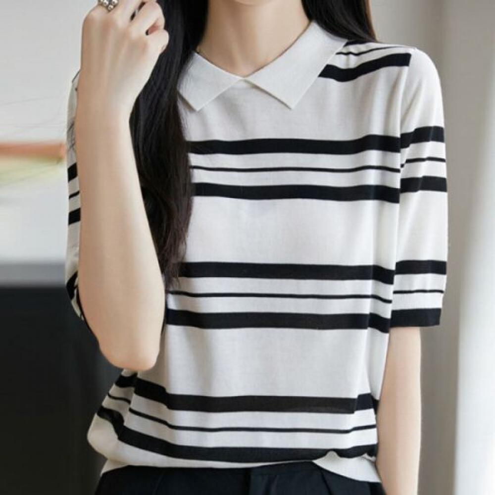 Navava Women S caSual Striped Collar Short Sleeve Knit Tee Nk2951