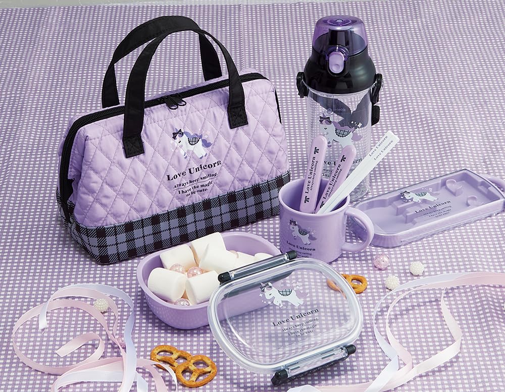 Skater Bento Trio Set and Fork Love Unicorn Made In Japan (TACC2AG-A) - Chopsticks, Spoon, - Design, Kids', Antibacterial, Easy-Opening, Slide-Open