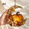 Romantic Autumn Home Wall Decor Stained Glass Pumpkin Moon Suncatcher, Acrylic Crescent Window Hanging with Halloween Thanksgiving Decorative Ornament