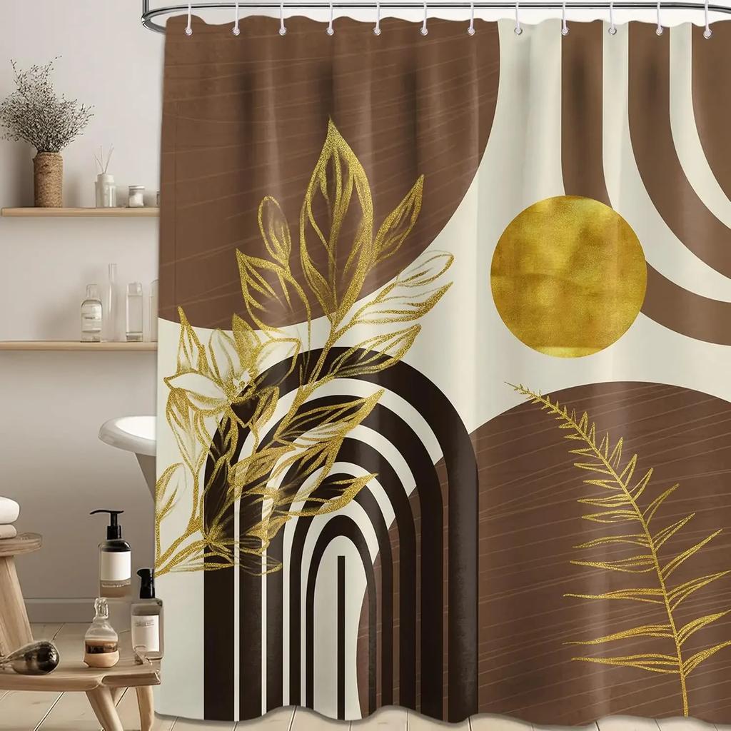 Mid-Century Modern Shower Curtain Bathroom Decoration with Black and Gold Leaves Bathtub Shower Curtain