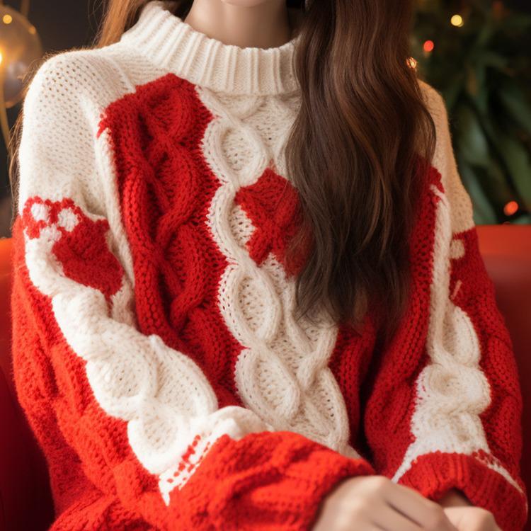 FL232636 Beautiful Red Knit Sweater for Women - Stylish and Cozy Autumn/Winter Top